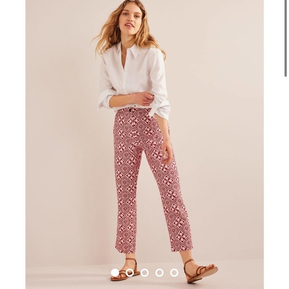 BODEN PULL ON LINEN TROUSER Pant Poinsettia Red Block Pome Mid Rise Sz 10 - Picture 2 of 16